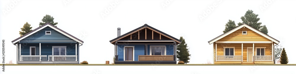Three distinct Cabin house style designs showcasing different colors and architectural styles. The left house is blue, the middle house is black with a modern look, and the right house. Three distinct Cabin house style designs showcasing different colors and architectural styles. The left house is blue, the middle house is black with a modern look, and the right house.