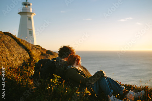 Couple enjoying sunset near Cape Spear Lighthouse, Canada photo