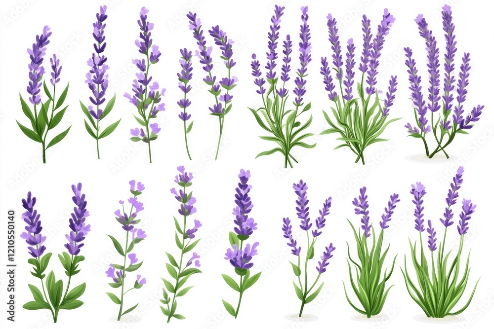 Naklejka premium Collection of Isolated Lavandula Blooms Against a White Backdrop â€“ Top View for Health and Wellness