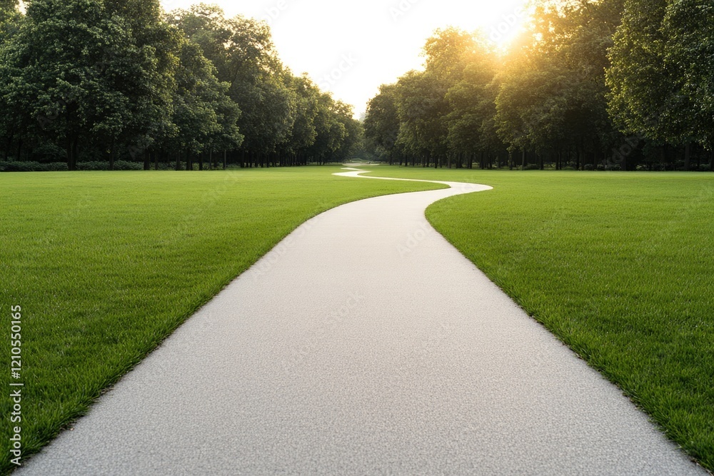 Obraz premium empty bike path curving through green park under vibrant afternoon sunlight with blurred trees