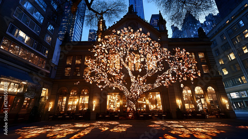 Illuminated tree art installation, city night, building backdrop, holiday display, stock photo photo