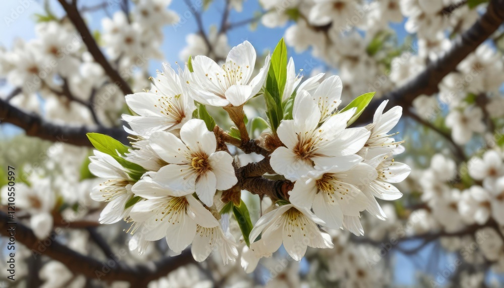 Delicate white blooms of almond tree in spring, ornamental trees, spring blossoms, blooming orchard Delicate white blooms of almond tree in spring, ornamental trees, spring blossoms, blooming orchard