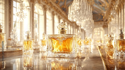 Palace Perfume Display Golden fragrance bottles in opulent hall photo