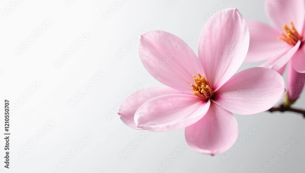 Obraz premium Delicate pink magnolia flowers against a pure white background, delicate, bloom