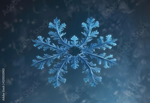 Delicate blue snowflake gently floats in mid-air , fragile, modern, ethereal