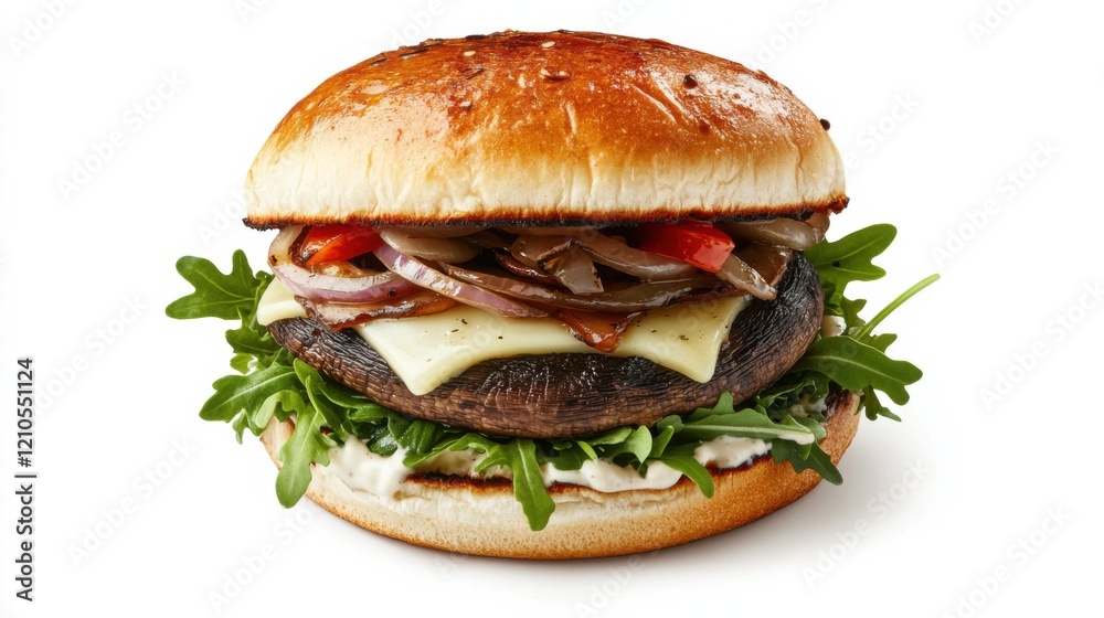 A gourmet mushroom Swiss burger with a grilled portobello mushroom cap, melted Swiss cheese, caramelized onions A gourmet mushroom Swiss burger with a grilled portobello mushroom cap, melted Swiss cheese, caramelized onions