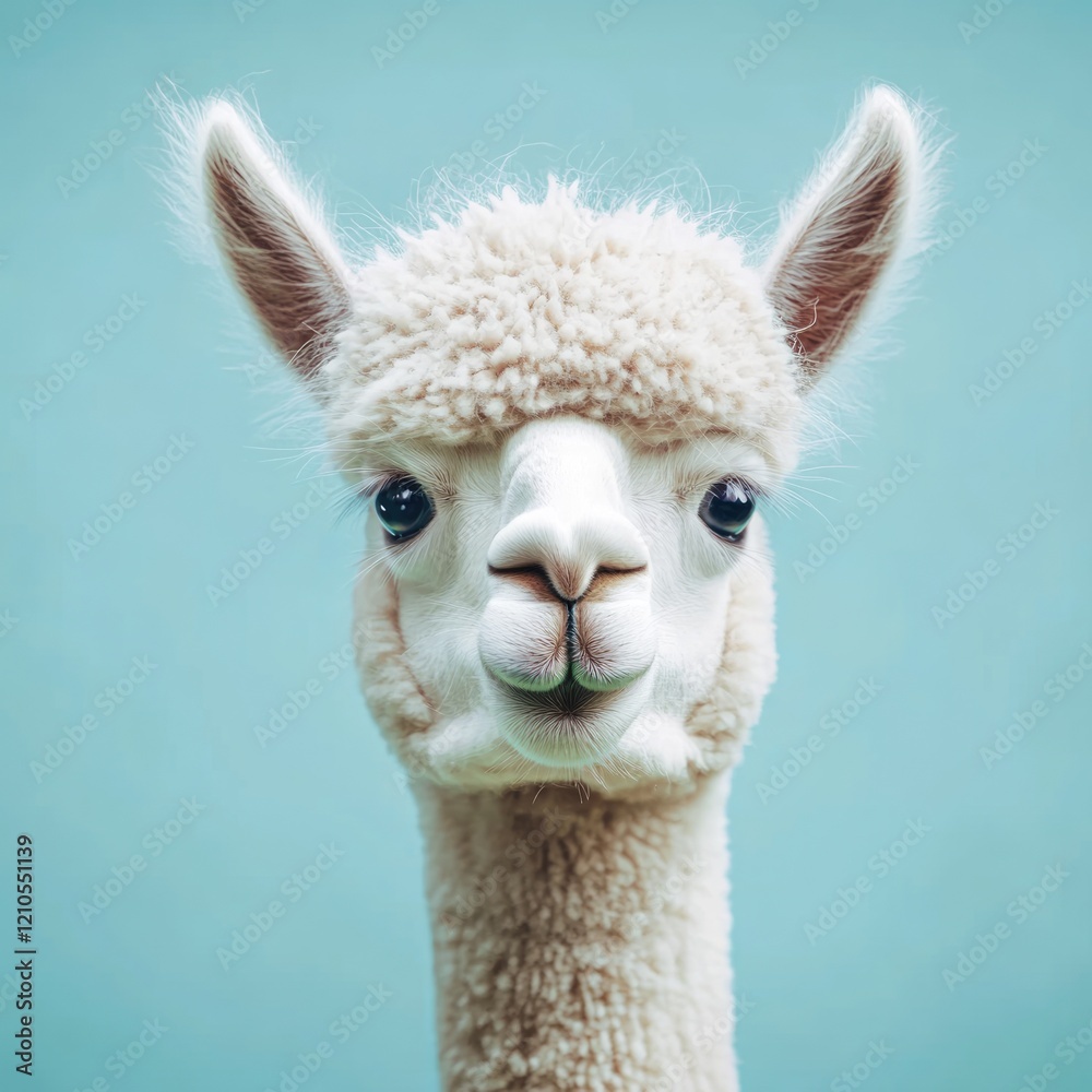 Obraz premium Playful White Alpaca Against a Vibrant Blue Backdrop