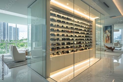 A private wine cellar inside a luxury condominium, featuring a modern design with glass walls and precision lighting photo