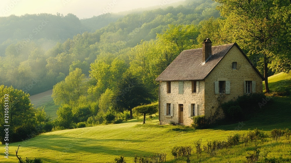 Serene Dawn in the French Countryside. Tranquil Landscapes with Green Grass and Charming Chimneys Serene Dawn in the French Countryside. Tranquil Landscapes with Green Grass and Charming Chimneys