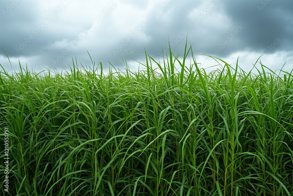 Fototapeta premium Lush green sugarcane field under a cloudy sky, showcasing tall stalks swaying in the wind.