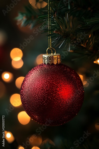 Red Christmas bauble on tree.
