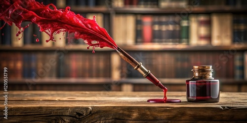 Crimson ink flows from a broken, antique pen in a dusty, old bookshelf, broken pen, nostalgic charm, vintage decor, literary artifacts