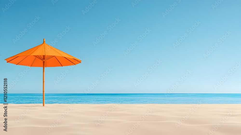 Orange beach umbrella on sandy shore, calm ocean background. Summer vacation postcard Orange beach umbrella on sandy shore, calm ocean background. Summer vacation postcard