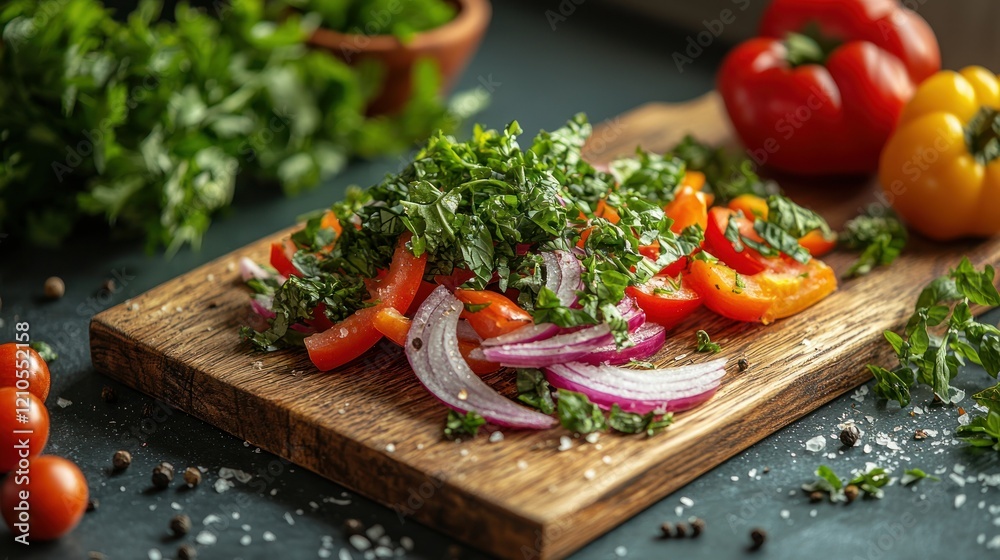 Fresh bell pepper salad prep, kitchen, herbs Fresh bell pepper salad prep, kitchen, herbs
