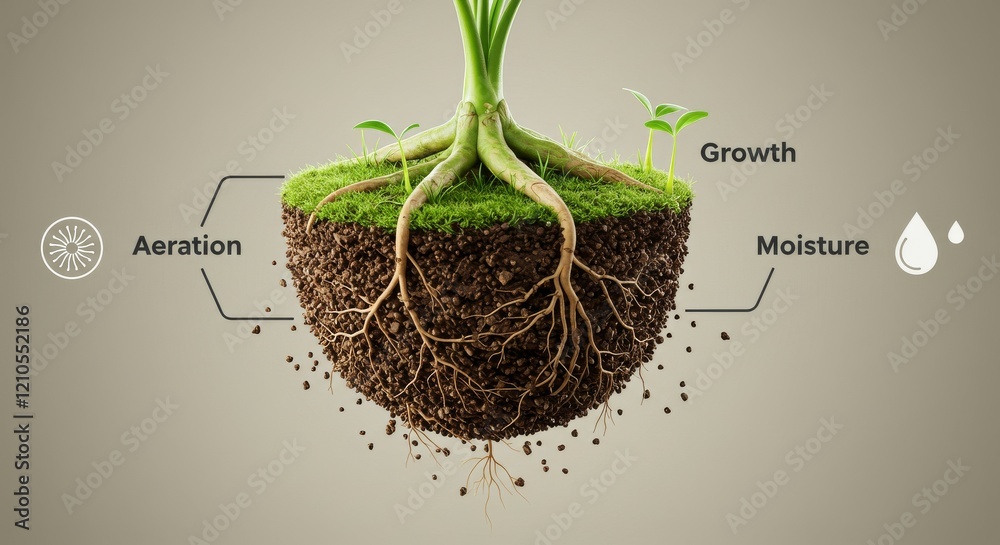 custom made wallpaper toronto digitalPlant growth and root system visualization with soil aeration moisture balance and sustainable cultivation, fertile agricultural land, focusing on sustainable farming