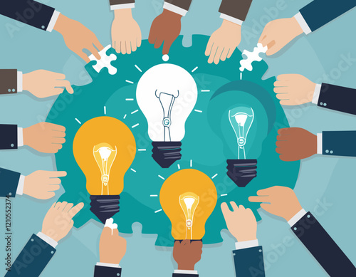 Idea brainstorming, cooperation or collaboration to get solution, teamwork or team meeting to develop idea together, employee participation concept, business people connect lightbulb jigsaw puzzle.