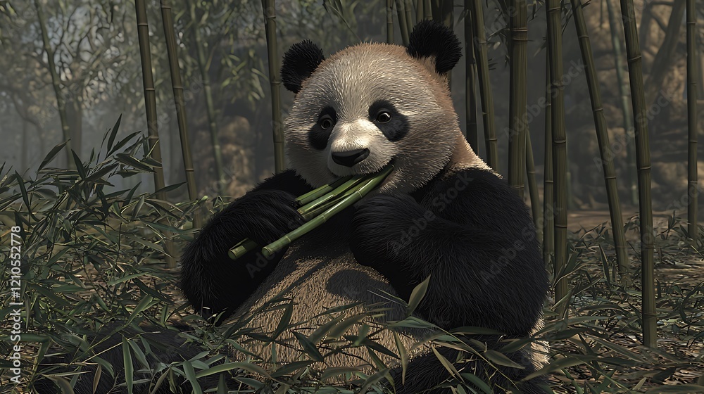 Obraz premium Panda eating bamboo in misty bamboo forest; nature scene for children's books