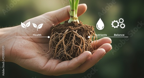 Closeup of healthy plant root system in nutrient-rich soil emphasizing balance and growth for eco-friendly agricultural practices under natural light