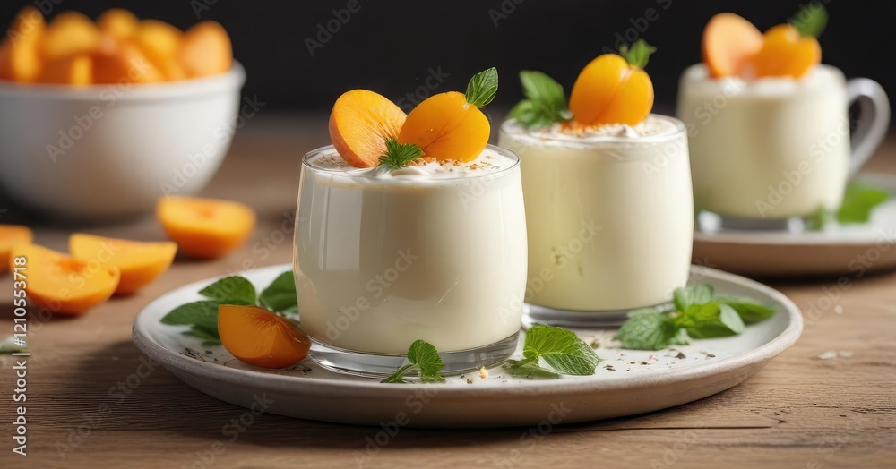 Fresh white chocolate mousse with apricot wedges and mint sprigs, presentation, sweet, white chocolate, mousse Fresh white chocolate mousse with apricot wedges and mint sprigs, presentation, sweet, white chocolate, mousse