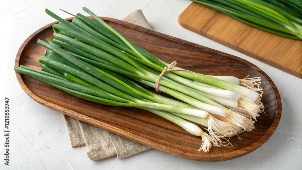 Fresh spring onions arranged on a wooden platter, vegetable gardening, edible flowers, kitchen ingredients, country living Fresh spring onions arranged on a wooden platter, vegetable gardening, edible flowers, kitchen ingredients, country living