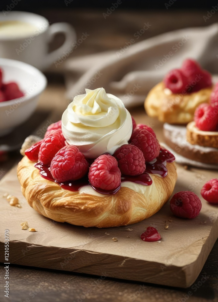Fresh raspberries and clotted cream atop a buttery, golden-brown croissant scone, morning meal , clotted cream, sweet treats Fresh raspberries and clotted cream atop a buttery, golden-brown croissant scone, morning meal , clotted cream, sweet treats