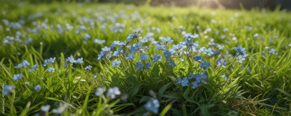 Fototapeta premium Forget me not flowers blooming in a sunny spot on a green grassy field, sunny spot, wildflowers