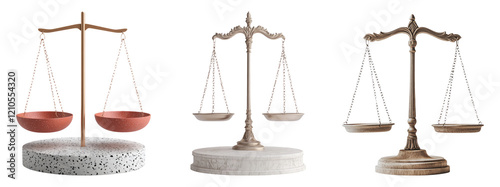 Three distinct balance scales on a transparent background, showcasing various materials and designs