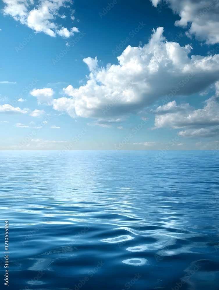 Fototapeta premium Vast Ocean Horizon Under Blue Sky with Fluffy White Clouds : Generative AI