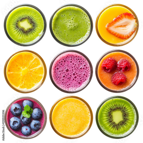 Colorful fruit juices in glass cups arranged on a transparent background