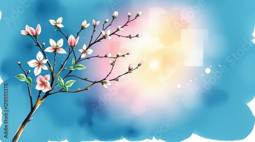 Delicate floral branches bloom against a soft blue backdrop, capturing the essence of spring. The vibrant colors evoke feelings of renewal and joy during this lively season