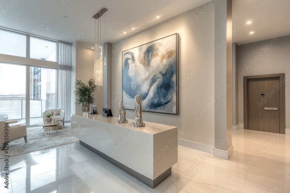 Fototapeta premium A stylish modern condo lobby with an elegant reception desk, large statement artwork, and luxurious finishes