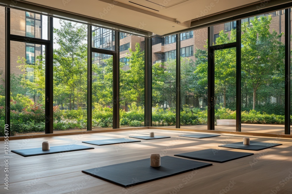 Fototapeta premium A tranquil yoga studio within a luxury condominium, with floor-to-ceiling windows framing a serene outdoor view