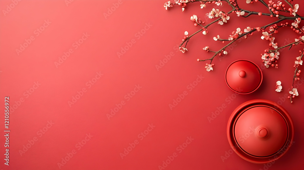 Fototapeta premium Red tea set with blooming branches on red background. Chinese New Year celebration concept