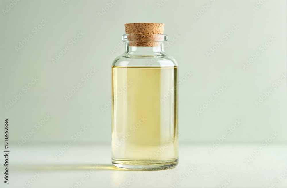 A glass bottle filled with a clear liquid stands on a light surface. The bottle features a natural cork stopper, providing an elegant and minimalistic appearance. A glass bottle filled with a clear liquid stands on a light surface. The bottle features a natural cork stopper, providing an elegant and minimalistic appearance.