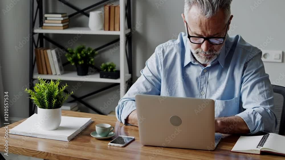 Focused Senior Man Working on Laptop in Modern Office Scene Focused Senior Man Working on Laptop in Modern Office Scene