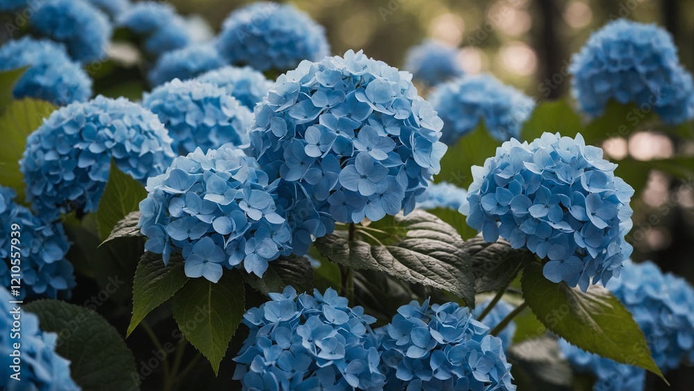 Blue hydrangea flowers with blurred flower garden background Blue hydrangea flowers with blurred flower garden background