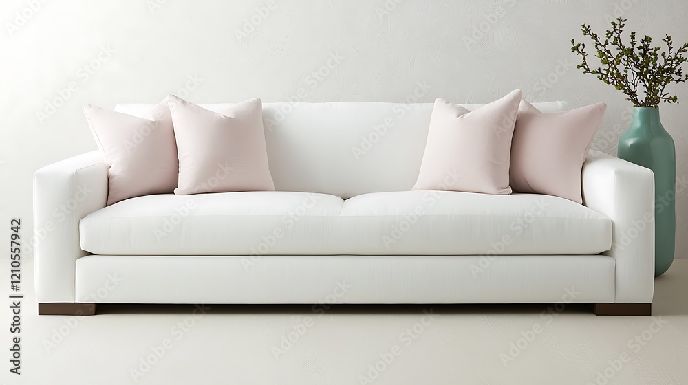 Fototapeta premium Modern white sofa with pink cushions in a minimalist living room setting, featuring a decorative vase