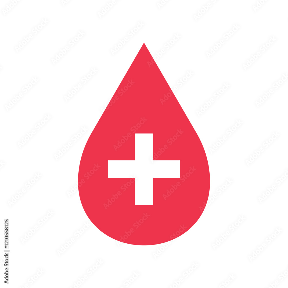 Vector Red Blood Drop Silhouette with Plus Flat Icon Design on White Background. Blood Donation, Health Care and Medicine Symbol with Cross. Vector Red Blood Drop Silhouette with Plus Flat Icon Design on White Background. Blood Donation, Health Care and Medicine Symbol with Cross.