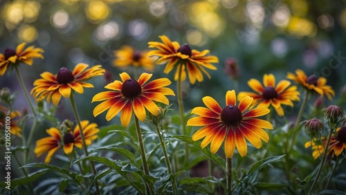 Rudbeckia flowers with flower garden bokeh background