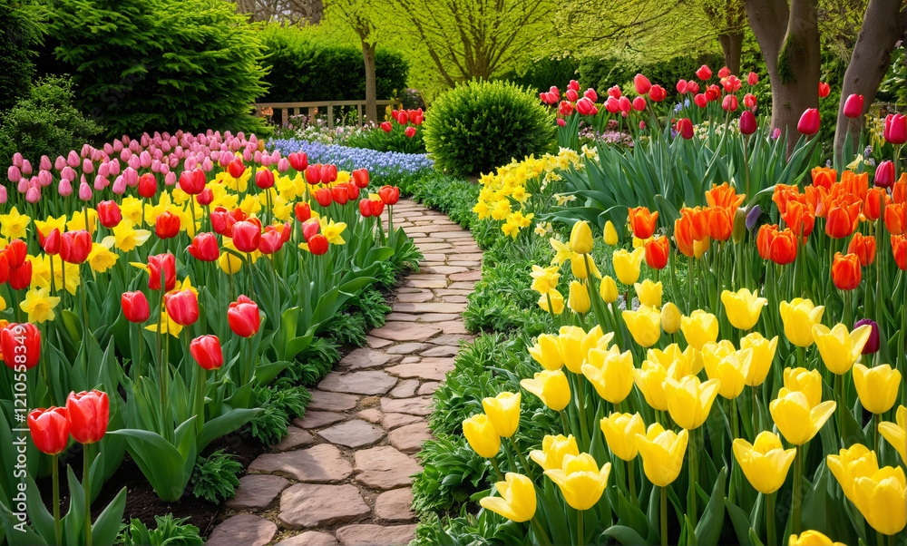 Fototapeta premium A colorful spring garden with tulips and daffodils, showcasing intricate floral details and soft lighting.