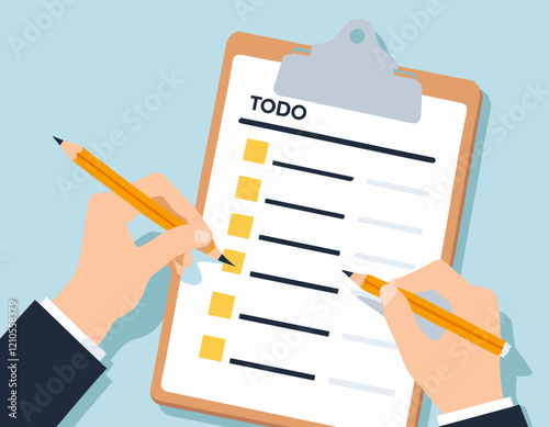 Checklist to complete project task, accomplish work checkmark, todo list clipboard or project status report, plan to finish work concept, business people holding pencil complete task checkbox.