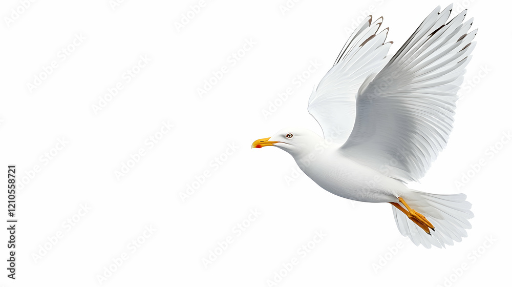 Seagull in flight, white background, coastal scene, freedom concept Seagull in flight, white background, coastal scene, freedom concept