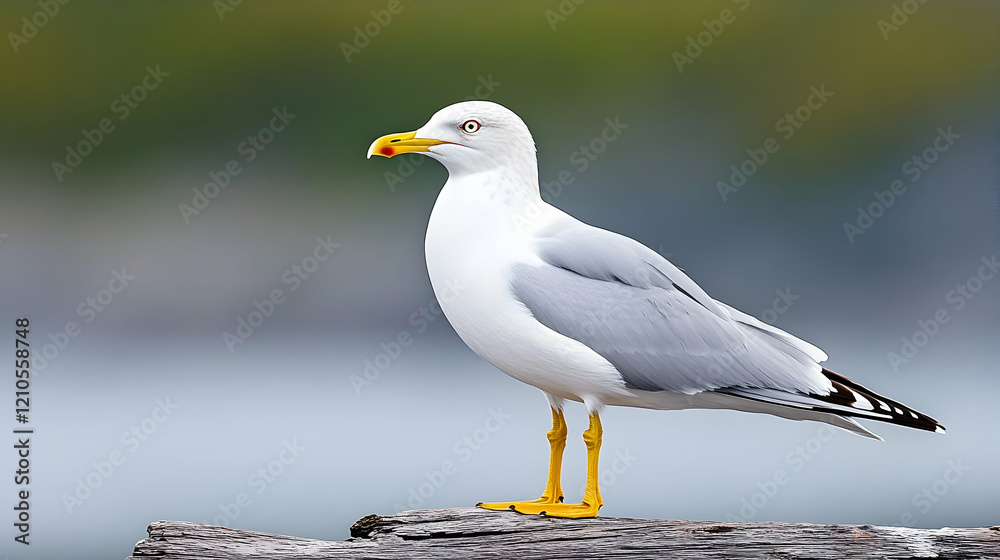 Seagull perched on wood near water, coastal background, wildlife photography Seagull perched on wood near water, coastal background, wildlife photography