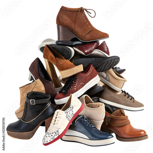 A pile of various shoes, including sneakers, heels, and boots, stacked on top of each other. The image is isolated on a transparent background.