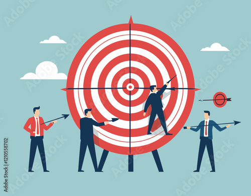 Company target achievement, business goal or objective to achieve, team strategy, leadership development, aiming for winning goal concept, businessman point arrow bullseye target to team colleagues.