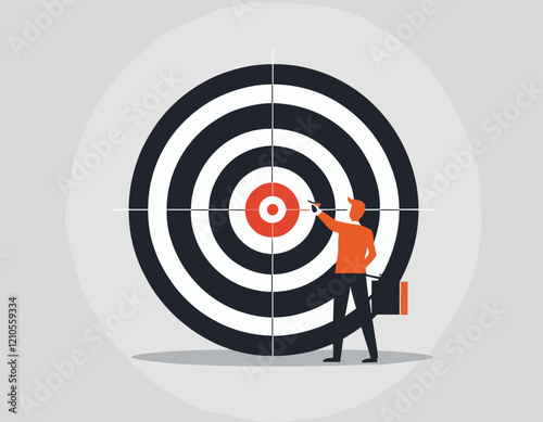 Company target achievement, business goal or objective to achieve, team strategy, leadership development, aiming for winning goal concept, businessman point arrow bullseye target to team colleagues.