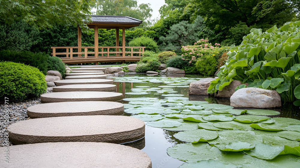 Serene Japanese garden path, stepping stones across pond, gazebo background, peaceful landscape design Serene Japanese garden path, stepping stones across pond, gazebo background, peaceful landscape design