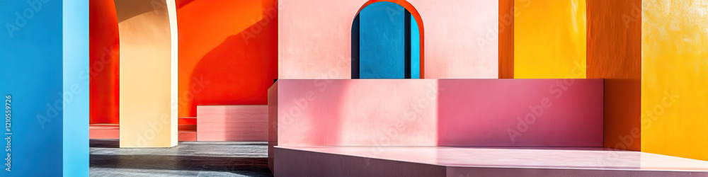 Obraz premium Geometric Interior with Varied Color Walls and Arched Openings