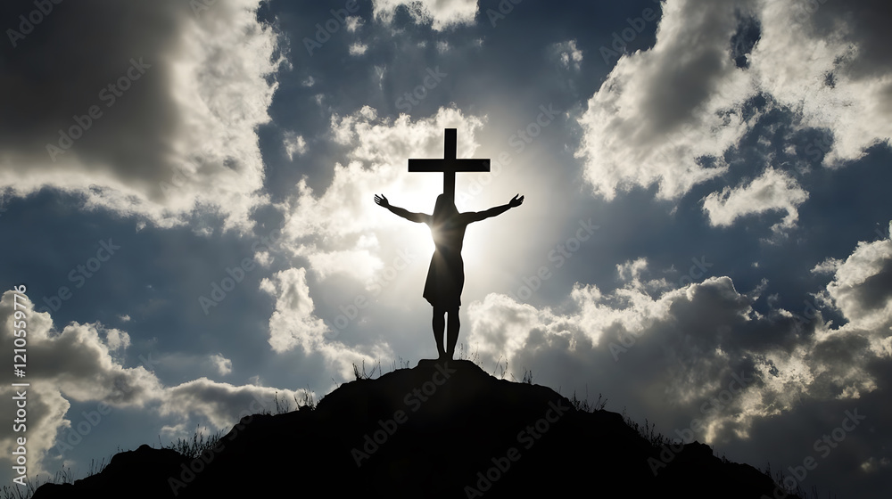Silhouette of a Person with Cross on Hilltop Against Dramatic Cloudy Sky : Generative AI Silhouette of a Person with Cross on Hilltop Against Dramatic Cloudy Sky : Generative AI