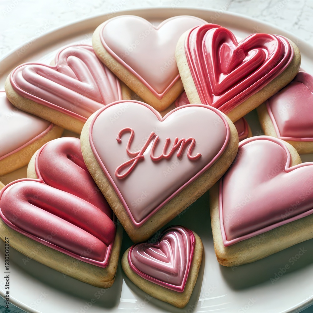 Fototapeta premium Heart-shaped cookies, decorated with pink and red icing, are artfully arranged on a plate with YUM text 